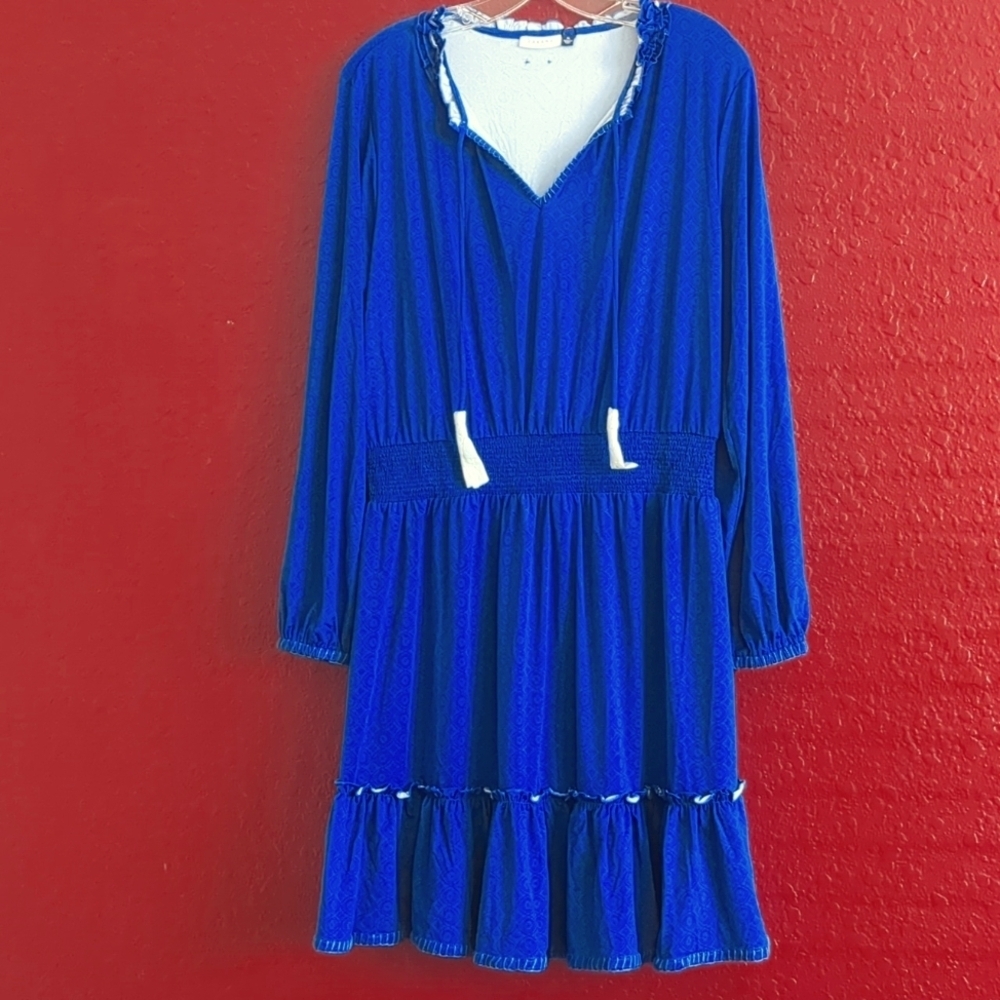 CABANA LIFE Navy Long Sleeve -Ruffles/Tassels/ Smocked Waist Dress NWT